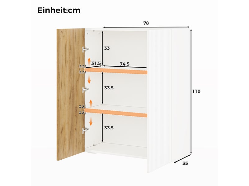  Buffet haut 78x35x110cm, 2 portes rainurées 3d, 3 niveaux de rangement, 2 étagères réglables, mdf et panneaux de particules, blanc et effet chêne  - Conforama D