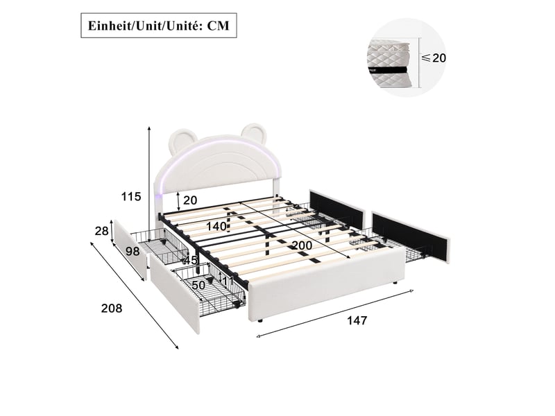  Lit avec rangement enfant 140x200 cm en velours beige avec 4 tiroirs et éclairage led  - Conforama C
