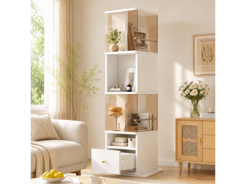  Vitrine d'exposition - 50 x 50 x 160 cm - vitrine de salon tournante avec verre trembré et éclairage led - blanc et marron  - Conforama C