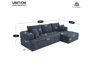 Canapé d'angle modulaire sans montage 3 à 4 places 244,5 x 136 cm chenille bleue