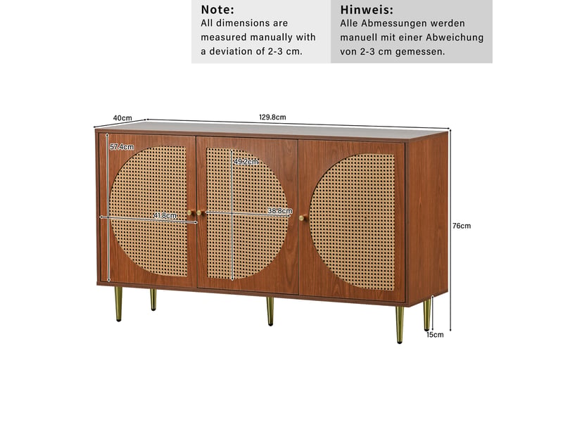  Buffet bas 3 portes avec décor effet rotin et poignées en métal, noyer, 129,8 x 40 x 76 cm  - Conforama E