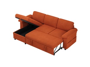 Canapé d'angle convertible 3 places 214 x 138,5 x 89 cm, couchage 214 x 177 cm, méridienne réversible avec coffre, usbtype-c, velours côtelé orange