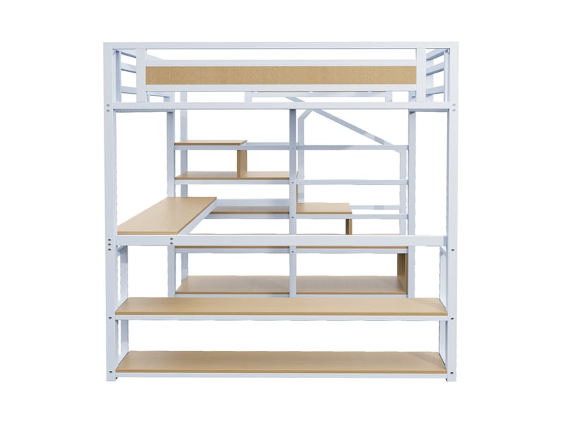  Lit mezzanine enfant 140x200 cm – blanc – bureau, étagères, escalier et rangements intégrés pour étude  - Conforama E