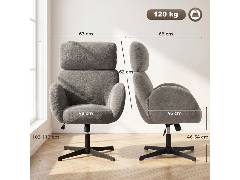  Chaise de bureau avec revêtement en tissu aspect velours, chaise rembourrée avec piètement en acier, chaise de bureau réglable en hauteur, grise  - Conforama E