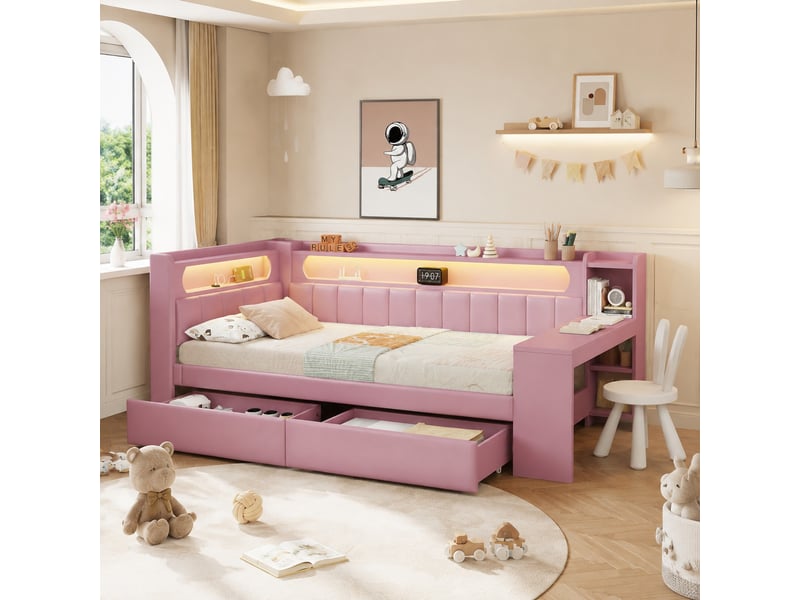  Lit banquette 90x200 cm avec bureau, led, usb et 2 tiroirs - rose  - Conforama D