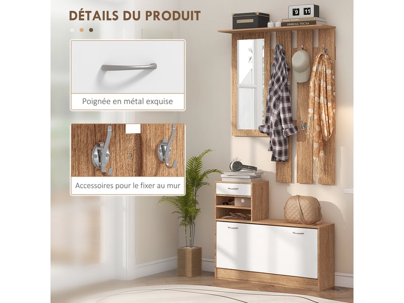 Meuble d'entrée vestiaire avec panneau porte-manteau, miroir et banc à chaussures - 6 crochets et réglable étagère - Conforama E
