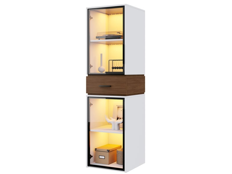  Vitrine murale en verre 40x40x200 cm avec éclairage led - meuble blanc avec deux portes vitrées et une tiroir  - Conforama A