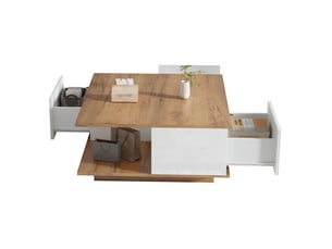 Table basse carrée 3 tiroirs, 70x70x31,5 cm, rangement, surface brillante, ouverture douce, panneau, blanc et noyer
