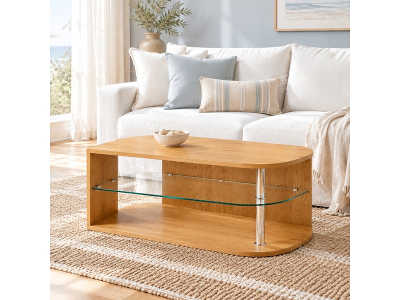  Table basse avec tablette en verre, mdf, coloris bois naturel, 100 x 60 x 42 cm  - Conforama B