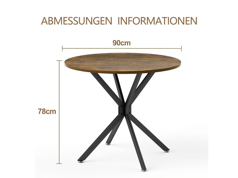  Table à manger ronde 90 cm, plateau marron, pieds métal noirs, 1-4 personnes  - Conforama C