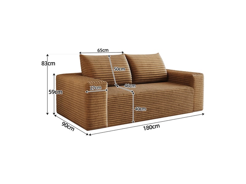  Canapé droit 2 places 180 cm en velours côtelé, assise profonde, mousse haute élasticité, sans montage, marron IKSETERA TRADING LTD - Conforama C