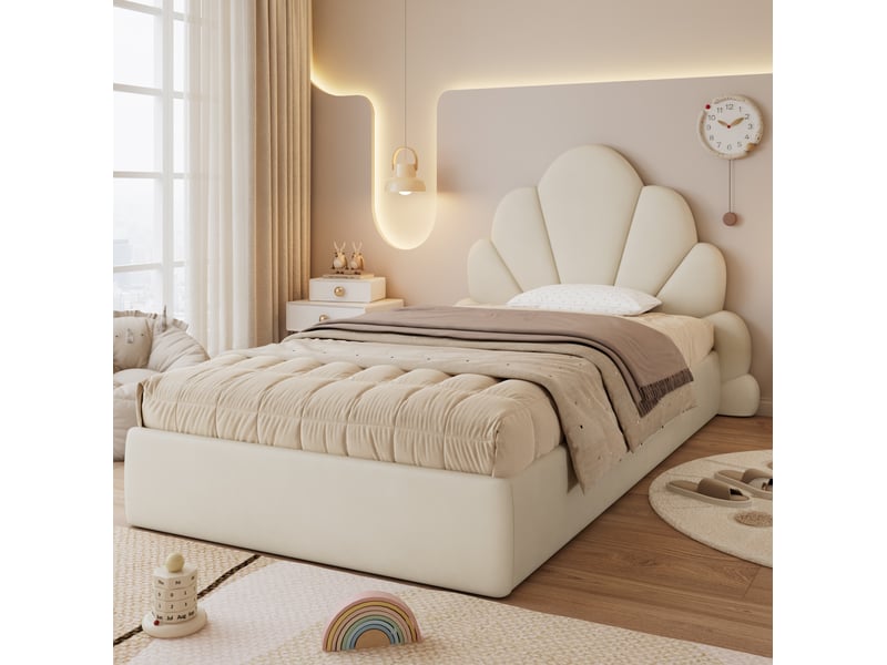  Modenvie lit simple capitonne 90x200 cm - tete de lit fleurie, sommier inclus, sans matelas - beige  - Conforama E