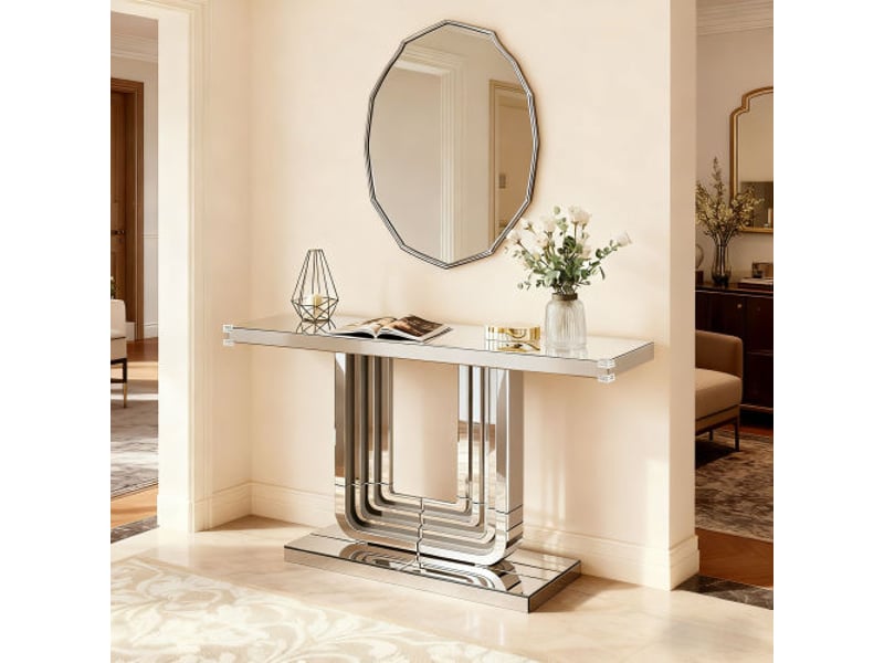  Console miroir 120 cm argentée, base en u stable, résistance aux rayures, facile d'entretien, luxe pour salon  - Conforama E