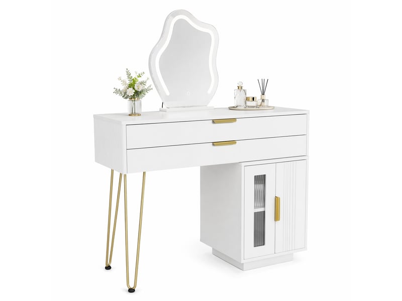  Coiffeuse avec miroir led à 3 modes, 2 grands tiroirs et caisson coulissant, pour chambre, blanc, 100 × 40 × 78 cm  - Conforama A