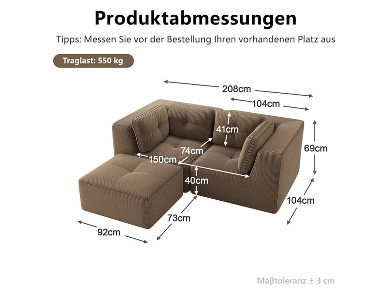  Canapé d’angle modulaire 2 places 208x177x69 cm, assise moelleus, avec repose-pieds déplaçable, en velours côtelé, marron  - Conforama C