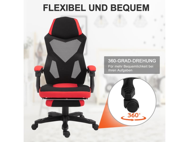  Chaise gaming ergonomique noir rouge, repose-pieds, réglable en hauteur, 58x72x112-122 cm  - Conforama B
