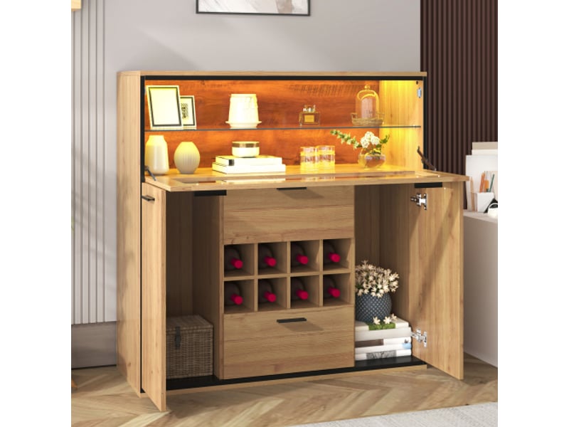  Bar led 2 portes 8 casiers à bouteilles décor chêne et métal noir bar naturel - Conforama E