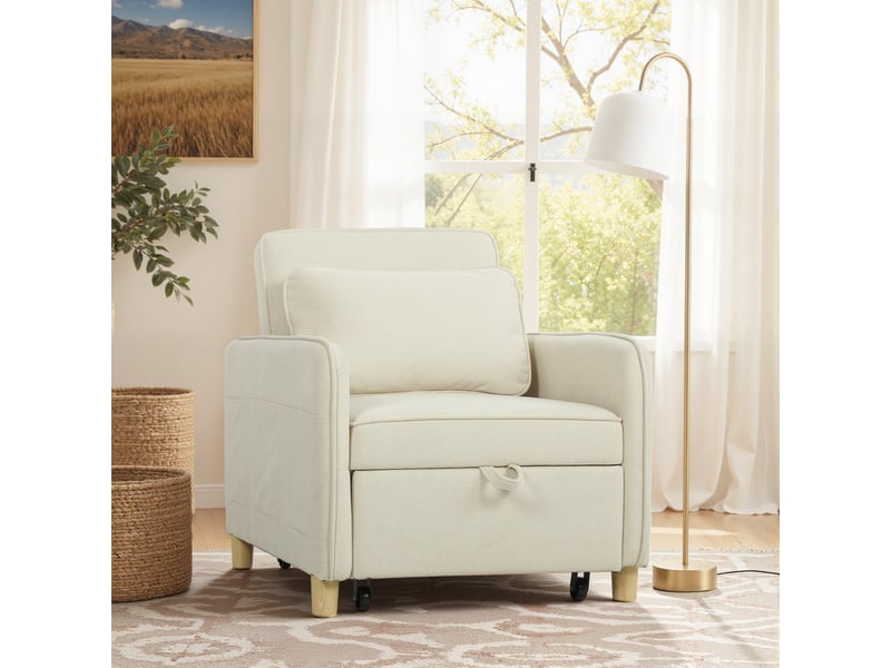  Fauteuil chauffeuse convertible inclinable repose-pieds rétractable intégré tissu beige clair  - Conforama E