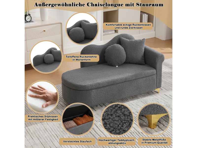  Méridienne avec coffre de rangement, coussins lombaire et nuque, dossier ondulé, tissu effet mouton gris antique  - Conforama E