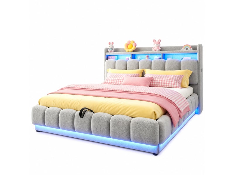 Lit coffre 180 × 200 cm 2 places avec led, usb et rangement hydraulique, sans matelas, en tissu gris - Conforama A