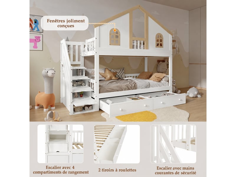  Lit superposé enfant 90x200 cm lit cabane avec 4 escalier rangementt et 2 tiroirs, bois massif, blanc et naturel  - Conforama D