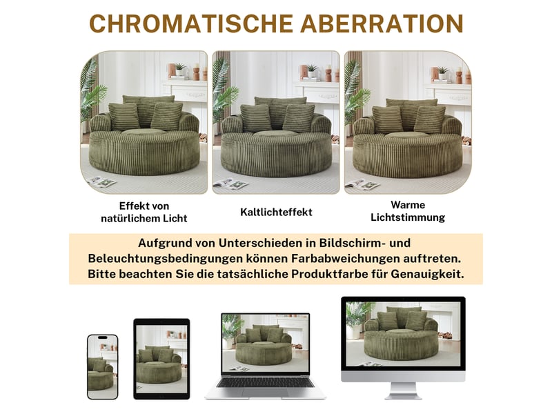  Fauteuil rond 1 place en velours côtelé, 3 coussins, 2 porte-gobelets, poches latérales, base antidérapante pour le salon  - Conforama D