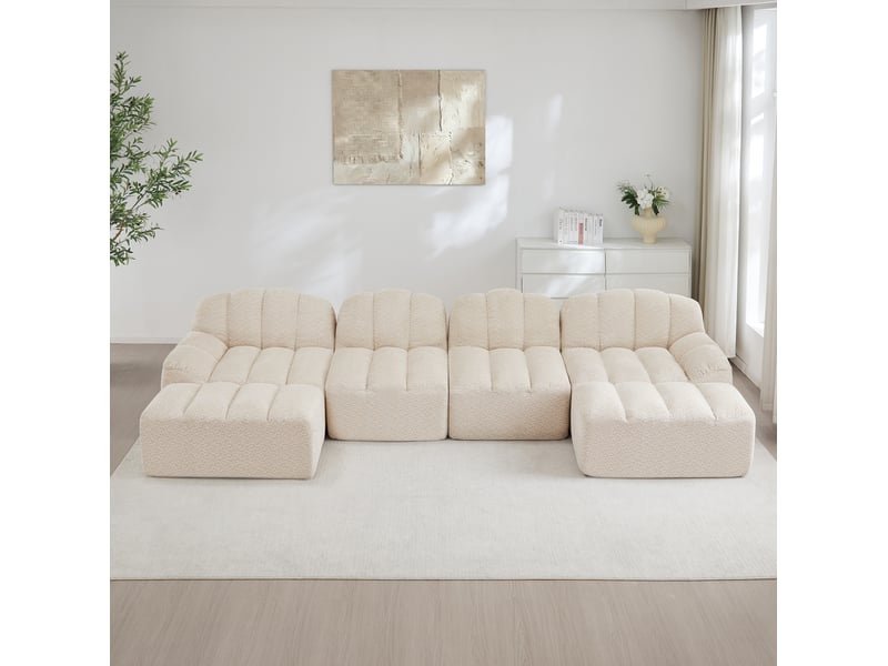  Canapé modulable u 4 places 366x165x79 cm, cassé, polaire granuleuse, mousse 32d, 2 poufs, beige  - Conforama B