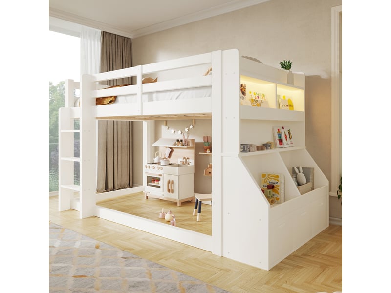  Lit superposé 90x200 cm enfant, lit double avec rangements, étagères, 2 compartiments, led multicolore, espace sous le lit, structure bois blanc  - Conforama C