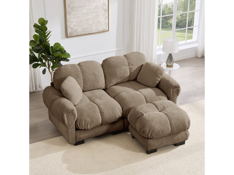 Canapé d'angle, canapé modulable – coussins inclus, marron, en chenille, 2 places, pouf amovible - Conforama E