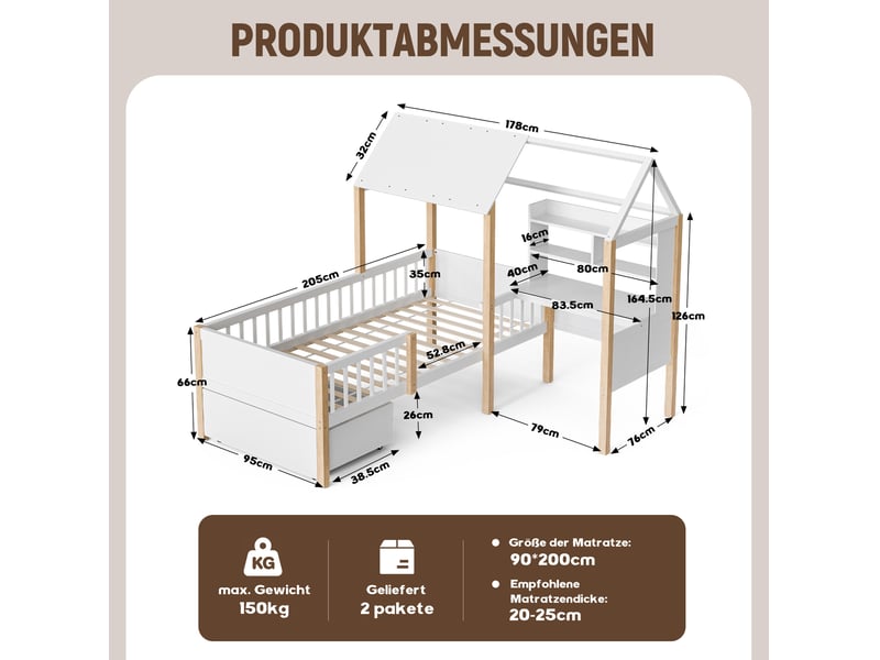  Lit enfant cabane 90 x 200 cm blanc et bois naturel avec bureau, bibliothèque et tiroir à roulettes  - Conforama E