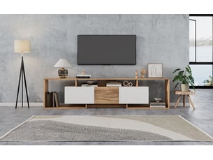 Meuble tv 180 x 30 x 49 cm portes battantes meuble de salon 2 portes abattantes 1 porte battante 3 compartiments ouverts blanc bois naturel tv jusqu’à 85 pouces
