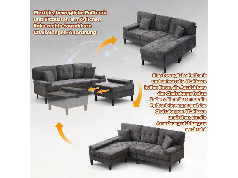  Canapé d’angle en l modulable en chenille, 3 places avec fonction lit, méridienne, pouf mobile, 195 cm de large  - Conforama E