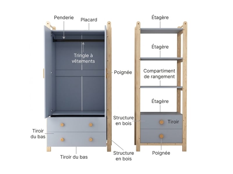  Ensemble armoire et étagère enfant en bois massif bleu et naturel, meuble de rangement 180 cm  - Conforama D