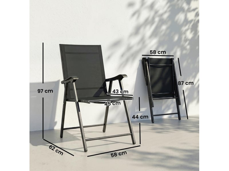  Lot de 2 chaises de jardin pliantes 58x62x97 cm dossier haut avec accoudoirs métal noir  - Conforama D