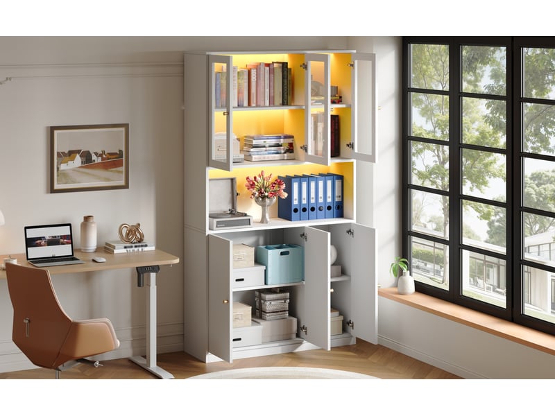 Bibliothèque avec vitrine en verre led 3 portes et niche ouverte pour salon bureau en mdf blanc - Conforama D