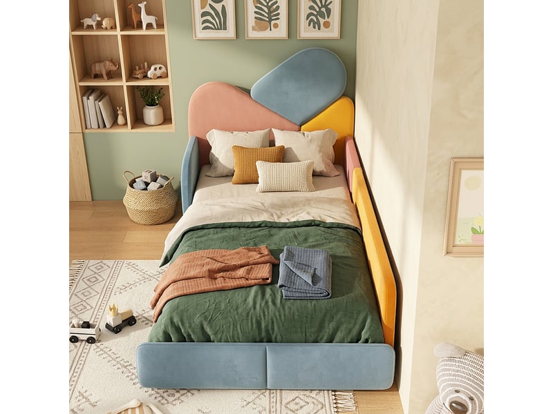  Lit simple 90x200 cm, lit enfant, barrière antichute, tête de lit rembourrée, velours bleu et multicolore  - Conforama A
