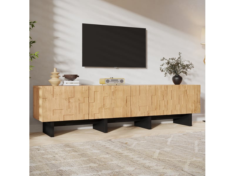 Meuble tv 180 cm avec 4 portes, coloris bois naturel, mdf et panneau de particules  - Conforama R