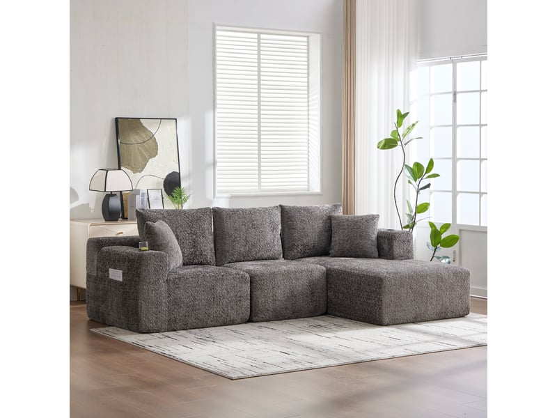  Canapé d'angle, canapé modulable, gris, porte-gobelets, assise profonde, pour salon et séjour, 261 x 165 x 80,5 cm  - Conforama R
