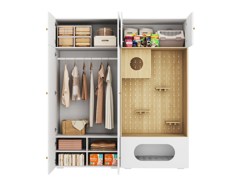Armoire modenvie 180 x 50 x 200 cm avec rangement vêtements et espace félin, panneaux de particules blanc et aspect bois - Conforama A