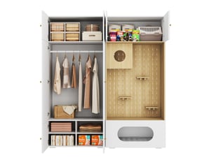 Armoire modenvie 180 x 50 x 200 cm avec rangement vêtements et espace félin, panneaux de particules blanc et aspect bois