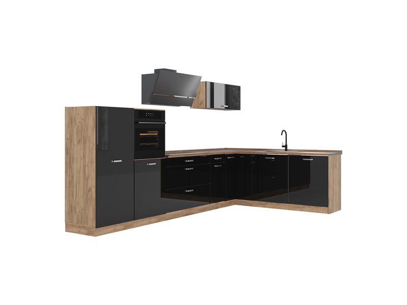 Vicco cuisine en angle, noir haute brillancechêne doré, 347 x cm sans plan de travail - Conforama A