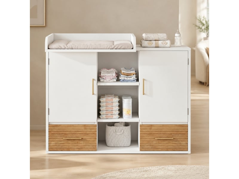  Commode à langer 114x53x92 cm, rangement 2 tiroirs, portes fermées, mdf blanc et naturel  - Conforama D