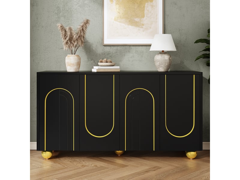  Buffet 160 cm avec 4 portes, meuble de rangement en mdf et pb, façades avec motifs dorés en arc, tablettes réglables, pieds métal boule pour salon et salle à manger - noir  - Conforama C