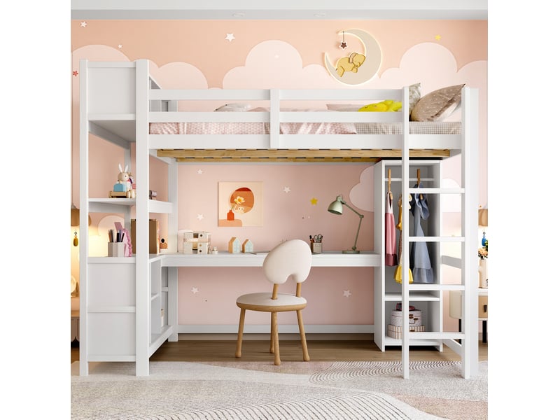  Lit mezzanine enfant 140x200 cm avec bureau, rangements et penderie blanc  - Conforama D