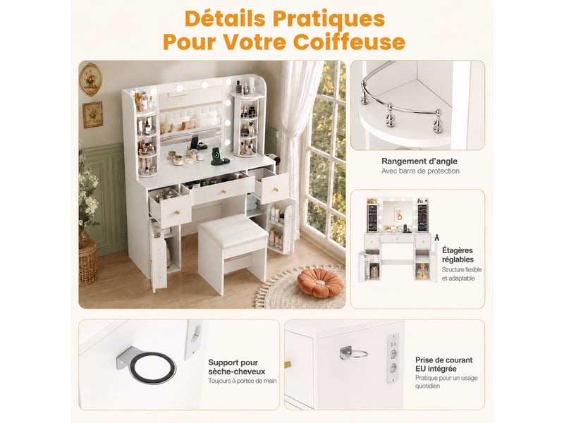  Coiffeuse blanche en panneaux de particules avec miroir, éclairage led réglable, 3 tiroirs et 2 placards. Dimensions : 115 x 40 x 142 cm.  - Conforama D
