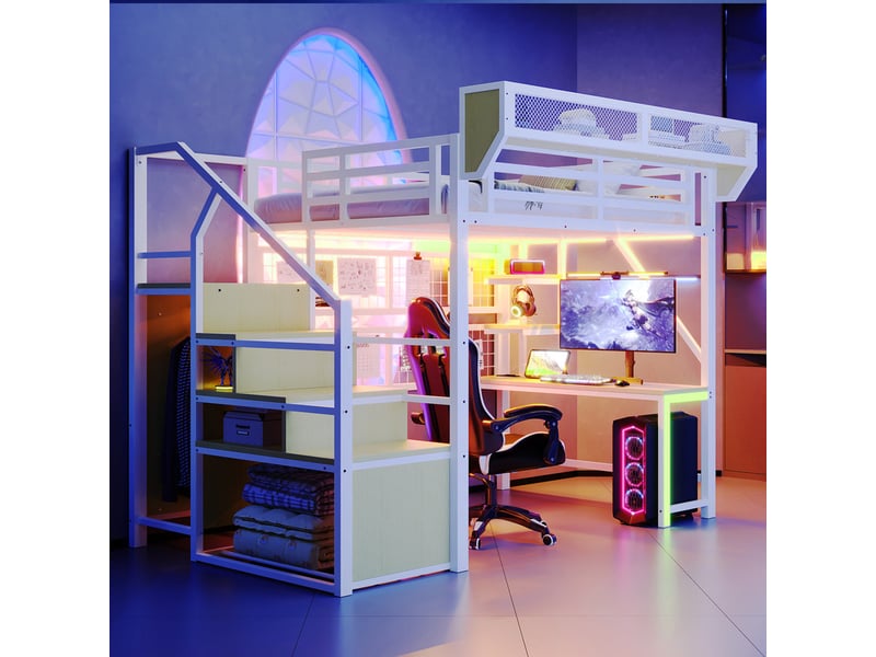 Lit mezzanine en métal 140 x 200 cm - avec bureau - avec échelle de sécurité - avec éclairage led - avec prise électrique - blanc (matelas non inclus)  - Conforama R
