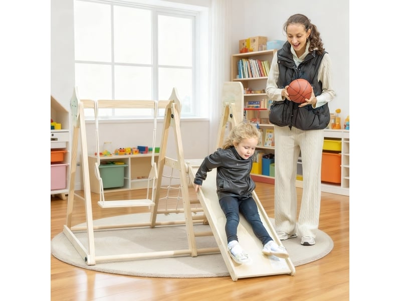  Aire de jeux intérieure 5-en-1 140x133 cm – coloris bois naturel – pliable avec toboggan et balançoire  - Conforama B