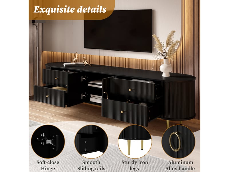  Meuble tv mdf, façade ondulée et bords arrondis, poignées aluminium, pieds en fer, tablette fixe et passe-câbles  - Conforama E