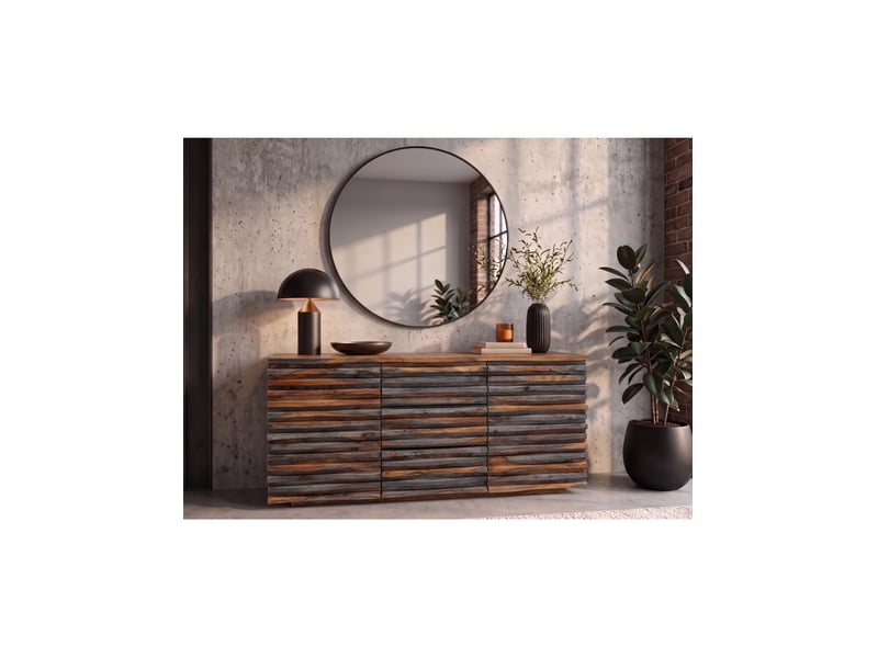 Buffet savana 160 cm en bois massif de sheesham fumé gris – 2 portes, 3 tiroirs et façades sculptées - Conforama B