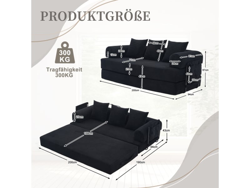  Canapé convertible cadre métallique robuste — poches latérales,3 coussins,configurations lounge personnalisables, noir  - Conforama C